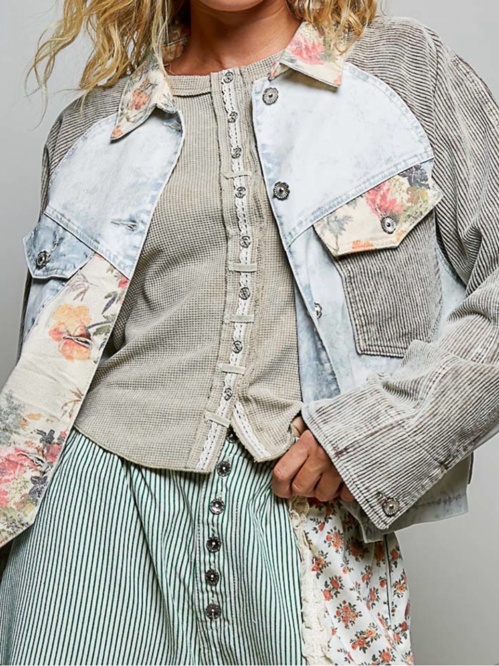 🤗 POL- Woven Floral-Trim Corduroy Jacket - Light Gray & Floral